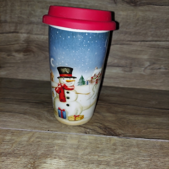 Pier 1 Snowman Travel Coffee Mug With Silicone Lid Porcelain Christmas - Picture 2 of 3